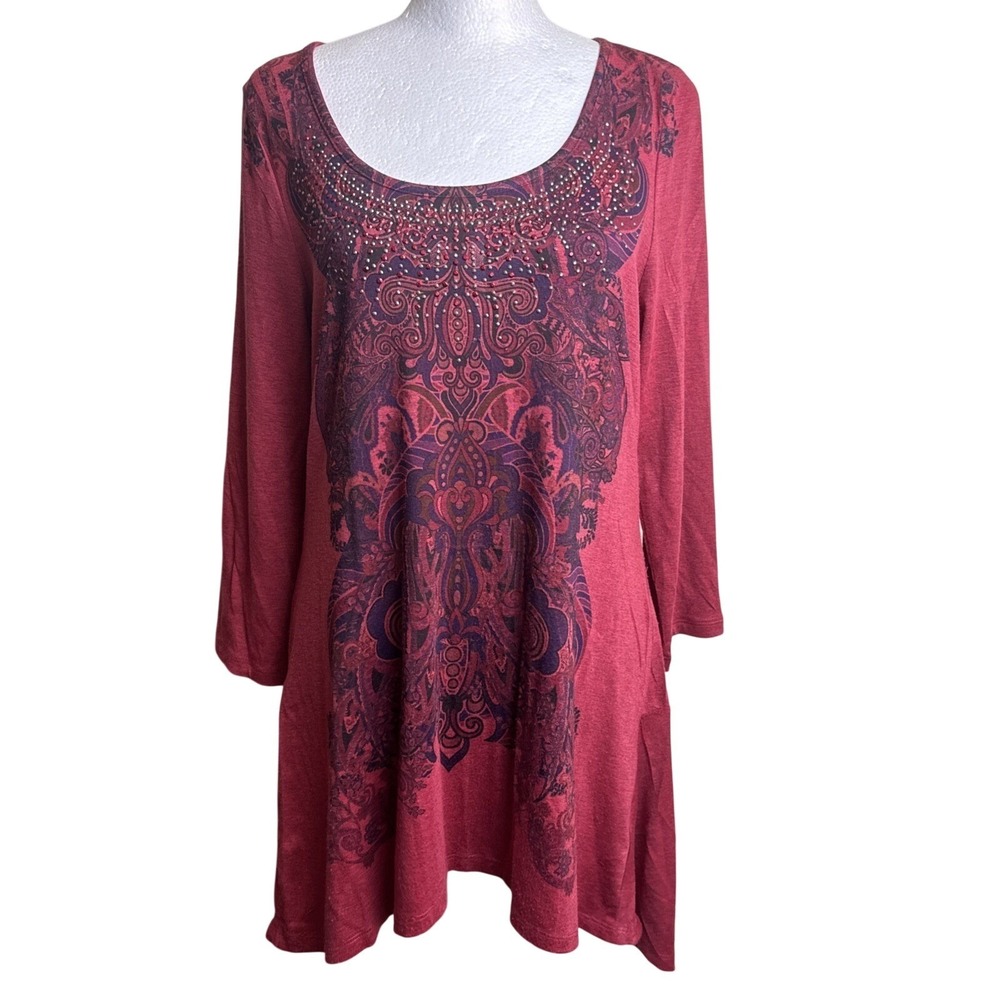 One‎ World Paisley Tunic Top M Red Whimsigoth Fairy Boho Drop Waist Blouse